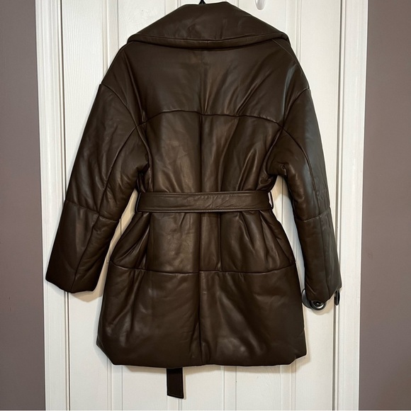 Brown Leather Belted Winter Puffer Jacket - Picture 13 of 14